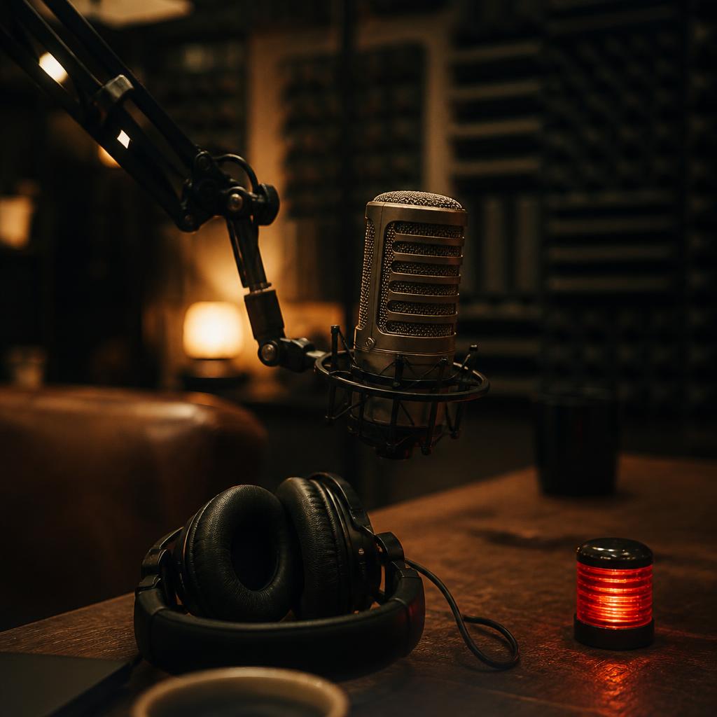 A broadcast microphone, headphones and a glowing recording light on a moody studio desk — the reusable player background for every podcast recording