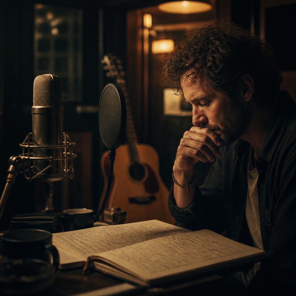 A studio microphone beside an open handwritten lyric notebook — the reusable player background for every performed lyric sample