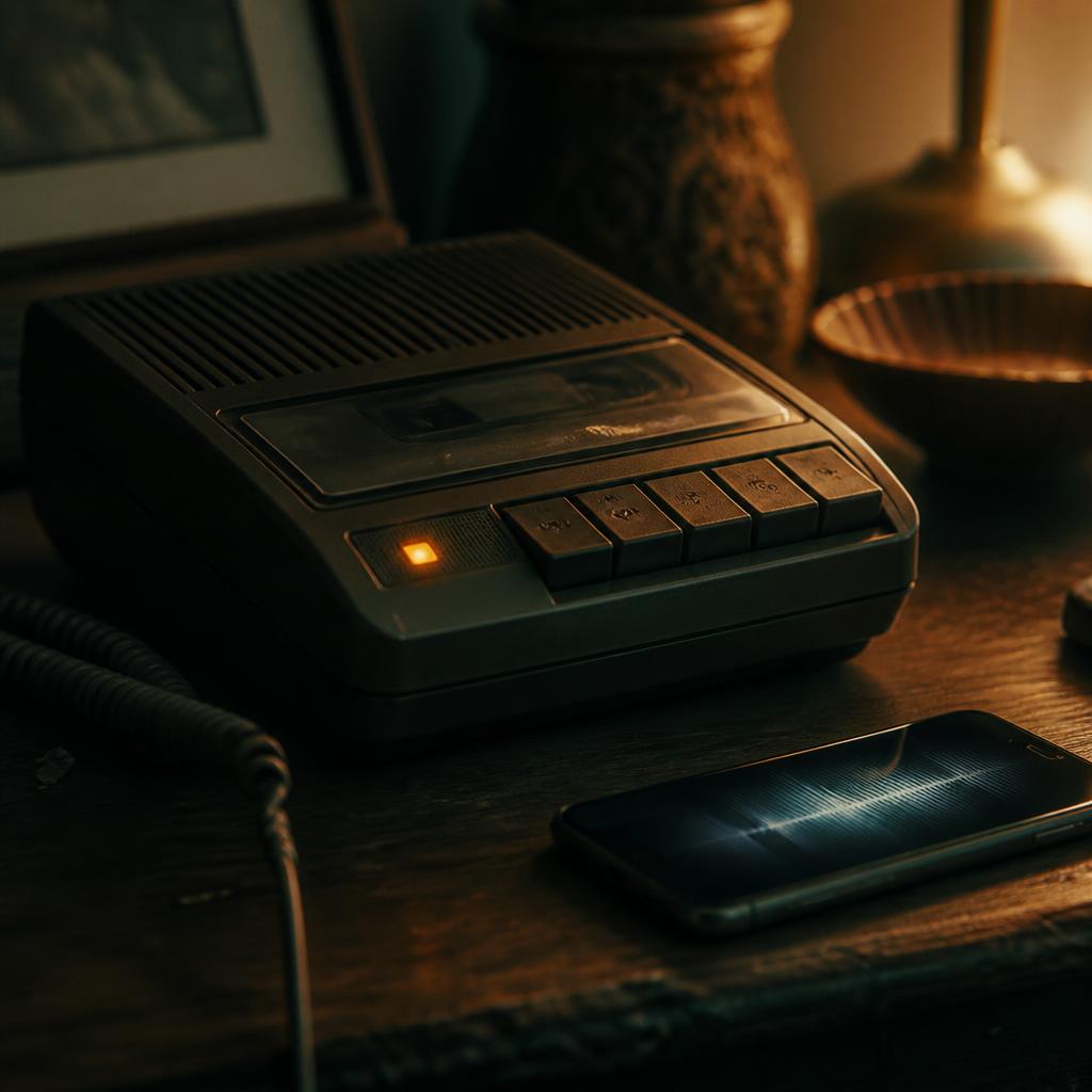 An old answering machine beside a phone showing a faint waveform — the reusable player background for every recovered voicemail